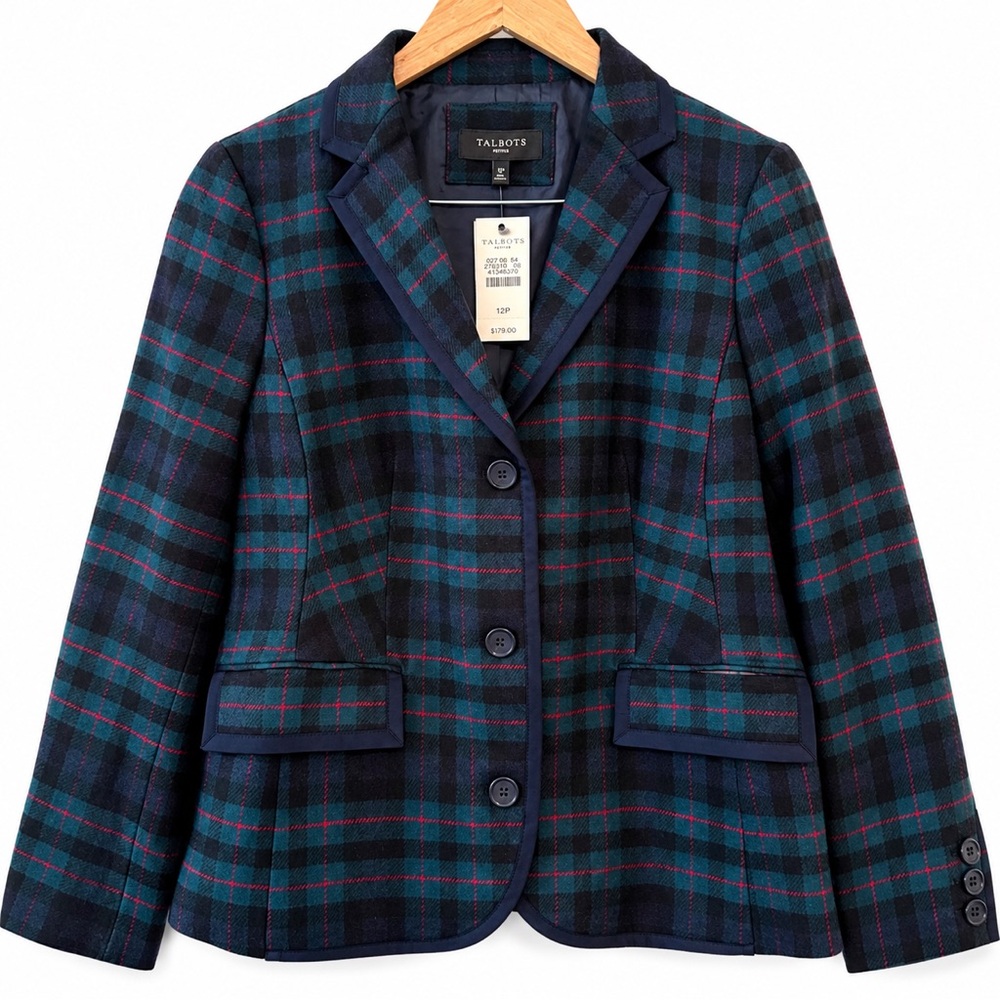 NWT Talbots 12P Wool Blend Plaid Blazer Navy Teal Tartan Petite